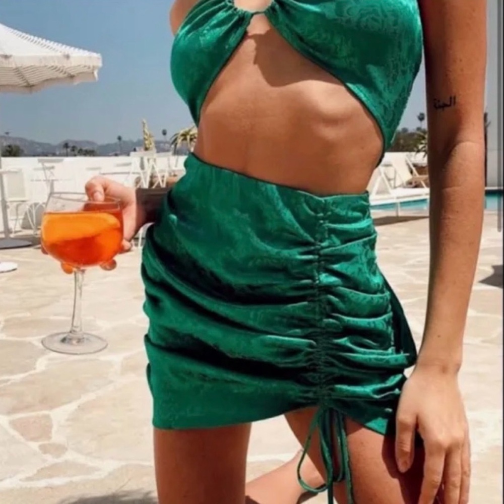 12th Tribe Tropical Green Jacquard Halter Top Ruched Mini Skirt Set Two Piece S